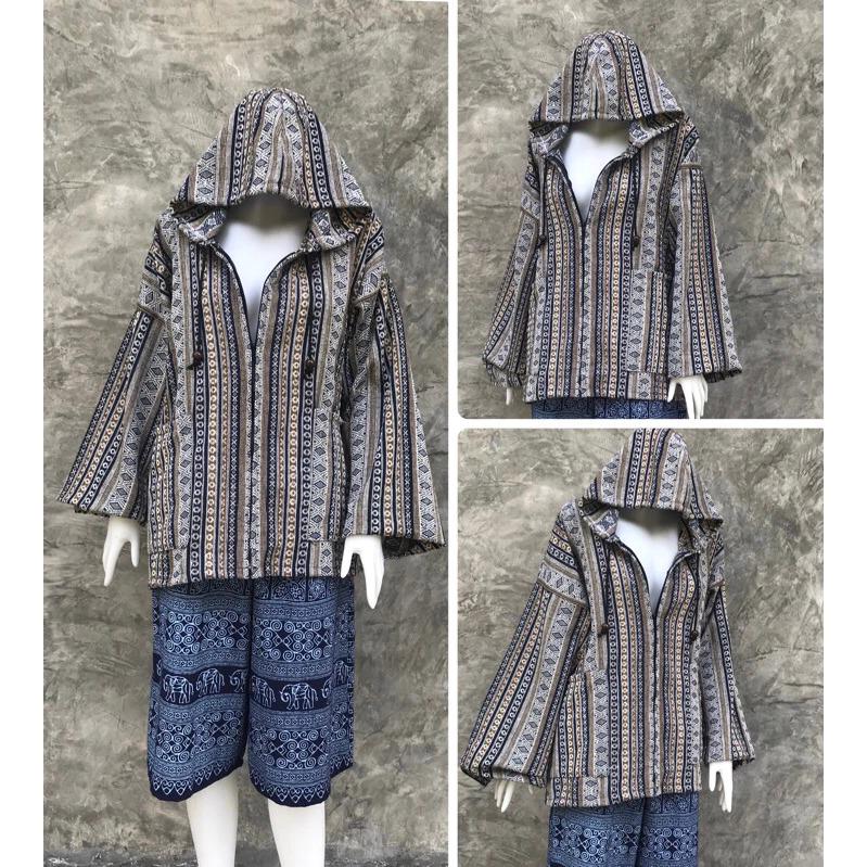 Chest 48" - Handwoven Naka Hooded Jacket – Warm Ethnic Cotton Coat | Free Size Boho Winter Hoodie with Front Zip & Pockets