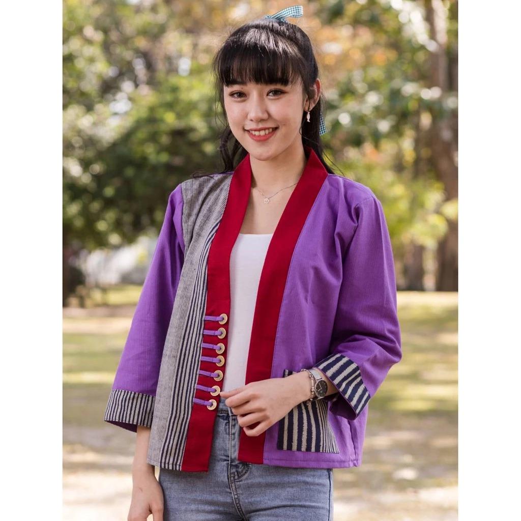 Thai Lanna Cotton Indigo Yukata Kimono Jacket – Soft & Breathable | Unisex Haori with Pockets | Handmade Thai Fabric - Chest 44"