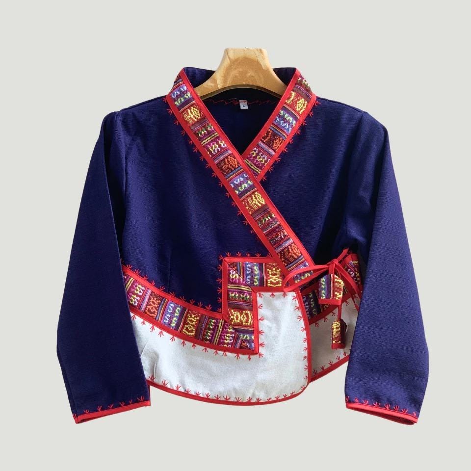Thai Lue Traditional Jacket – Handwoven Lanna Textile Shirt, Embroidered Wrap Top, Short or Long Sleeve | Red, Navy, White | Chest 36–46 in
