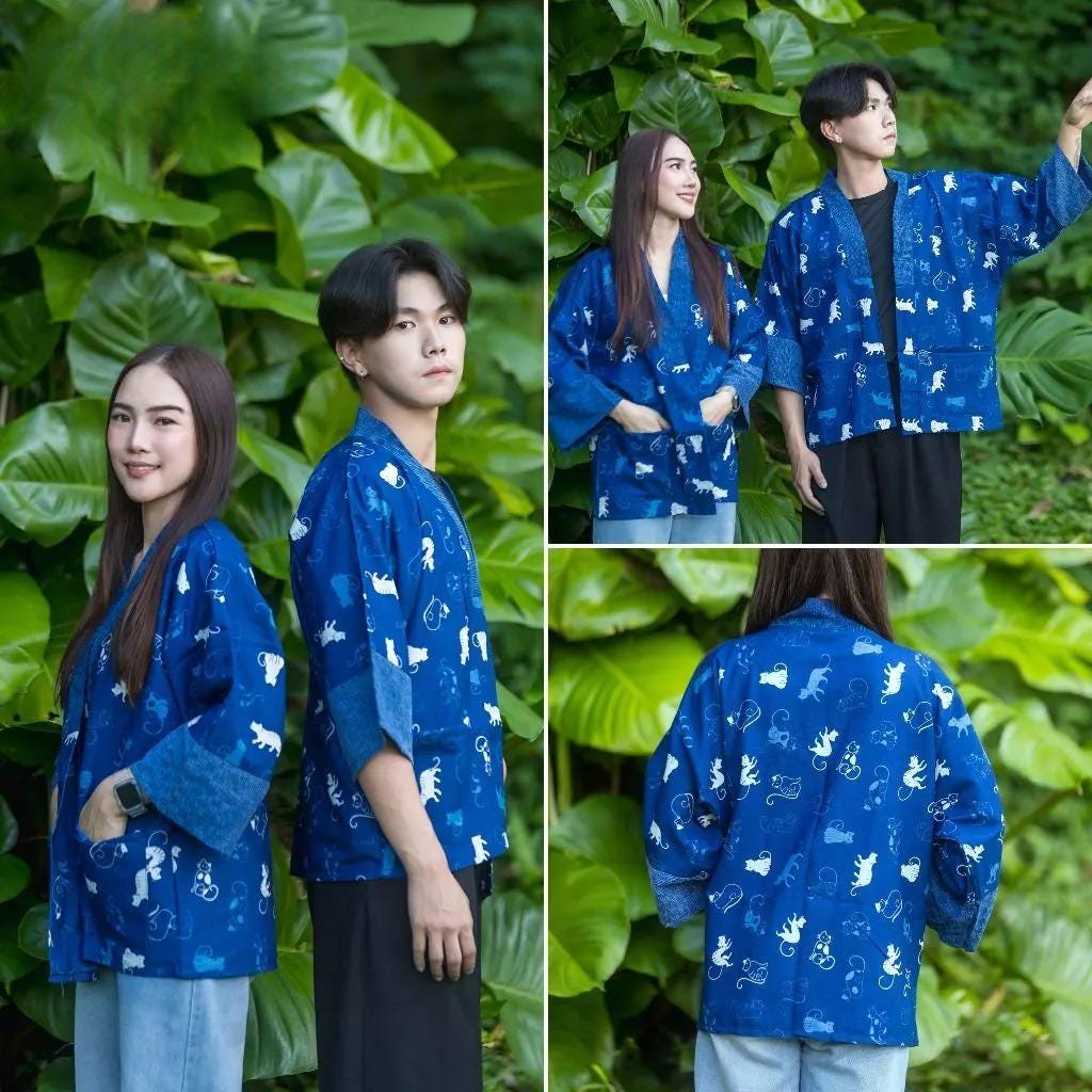 Chest 52" - Indigo Cotton Kimono Jacket | Unisex Yukata Cardigan | Handmade Batik Robe | Japanese Style Haori