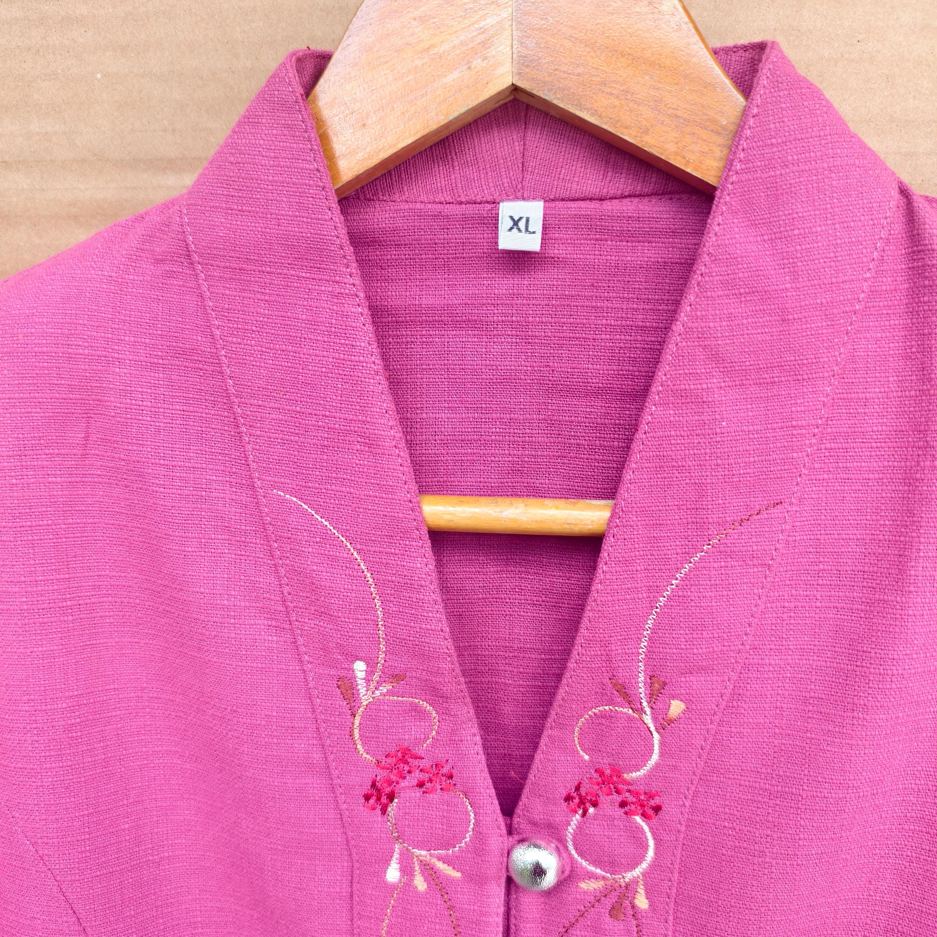 Chest 36"- 44" - Elegant Pink Embroidered Cotton Blouse | Floral Button-Down Shirt | Traditional Thai Style Top | 3/4 Sleeve Boho