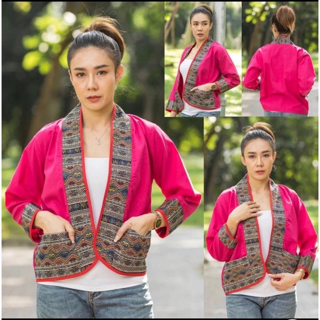 Chest 44" - Thai Lanna Cotton Jacket - Thai Traditional Cotton Top - Cotton Shirt