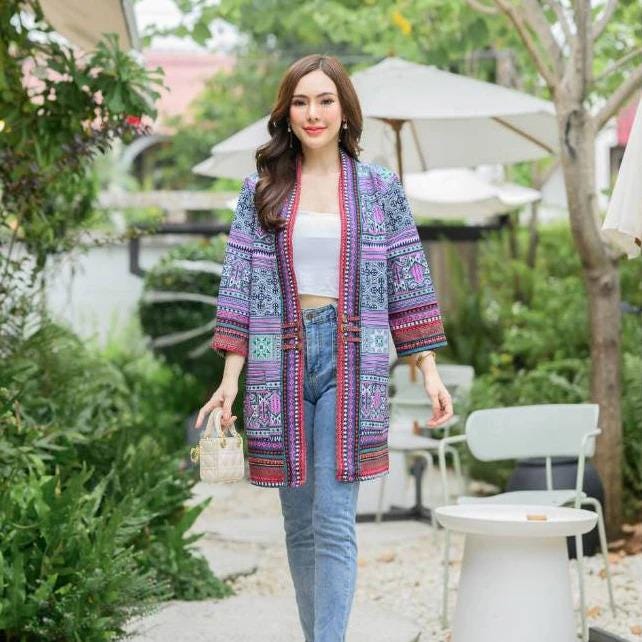 Thai Lanna Cotton Indigo Yukata Kimono Jacket – Soft & Breathable | Unisex Haori with Pockets | Handmade Thai Fabric - Chest 44"