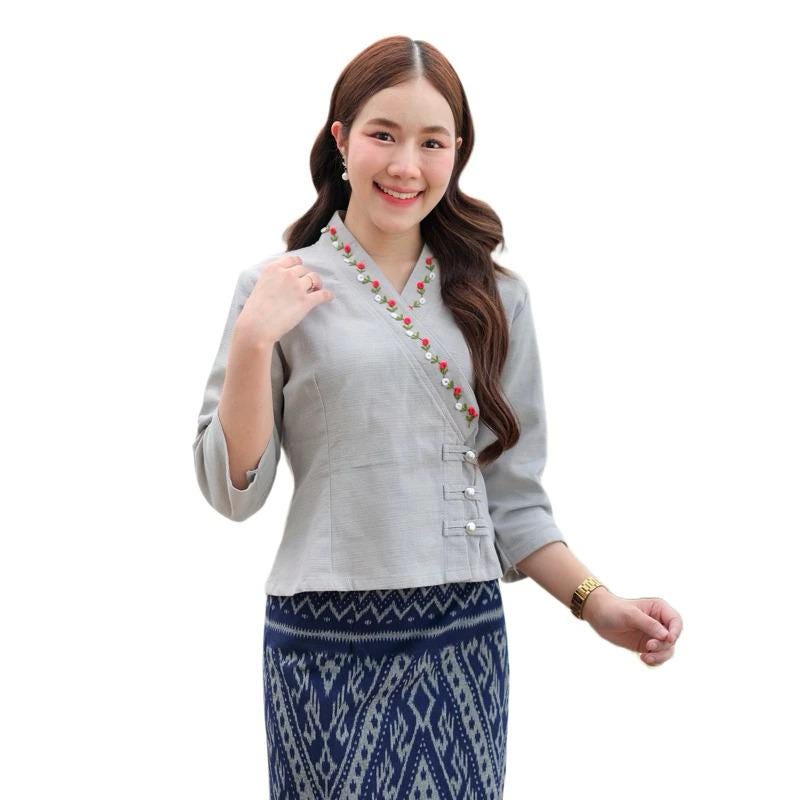 Thai Lanna Blouse - Thai Traditional Cotton Top - Thai Shirt - Cotton Shirt -Chest 34-42"