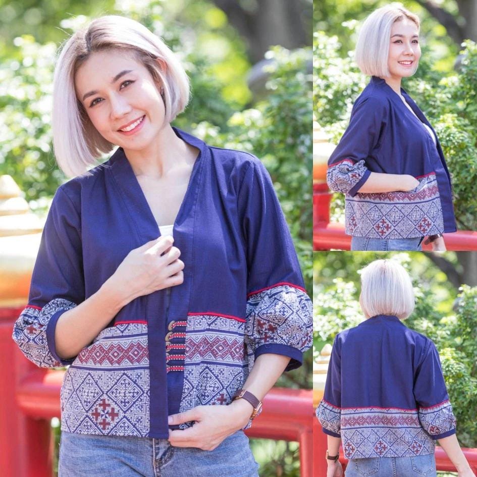 Thai Cotton Kimono Jacket – Traditional Print, Lightweight & Comfortable, Affordable, Boho Outerwear, One Size 44" Bust