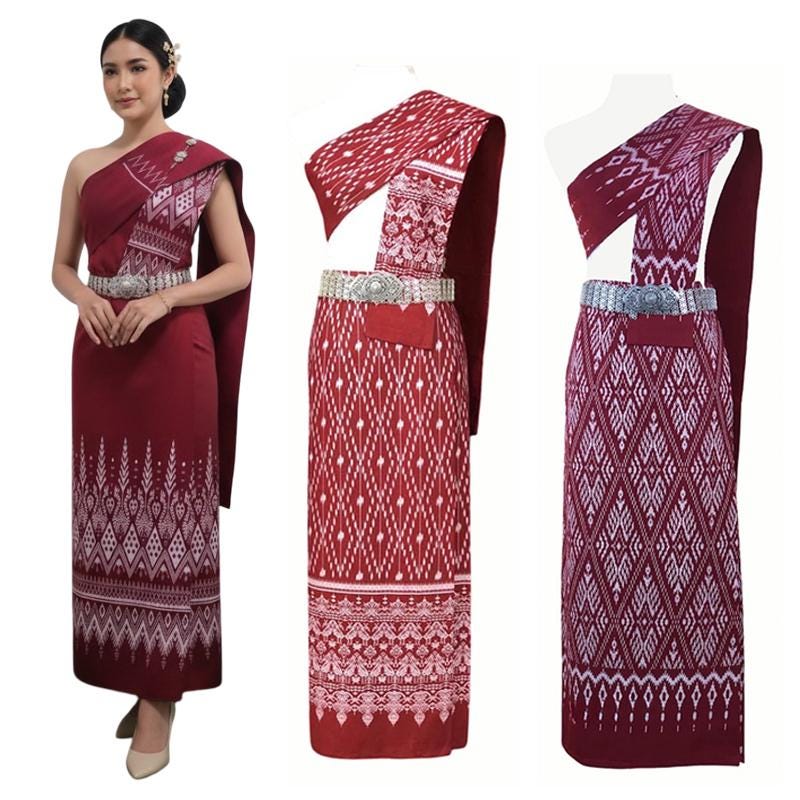 Set Thai Salong+Sabai - Cotton Salong - Free Size -Asian Salong - Lanna Style