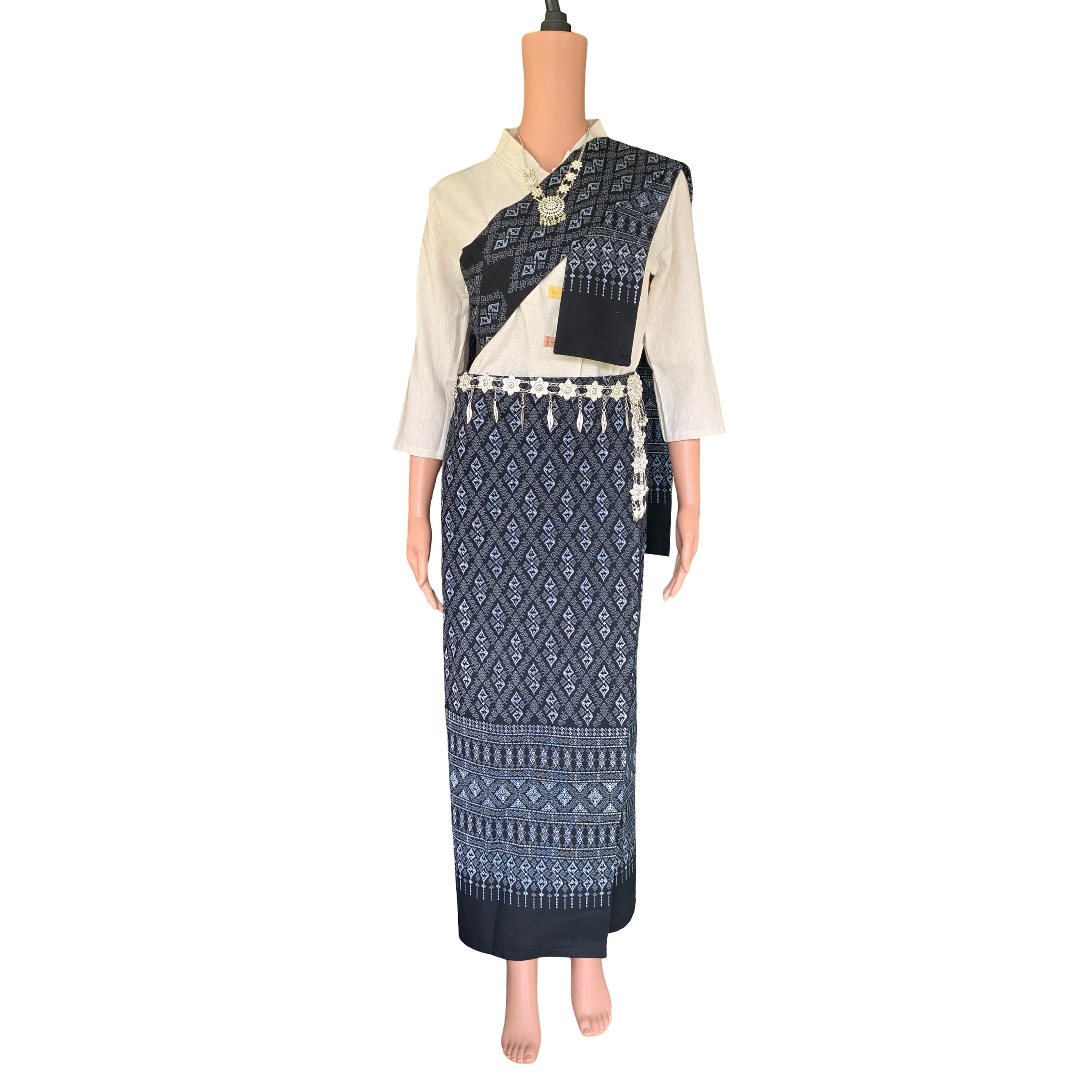 Set Thai Salong+Sabai - Cotton Salong - Free Size -Asian Salong - Lanna Style - Black Color
