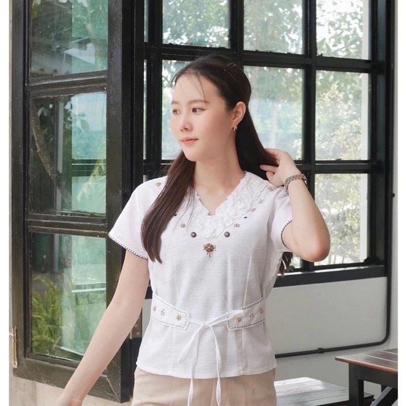 Thai Lanna Blouse - Thai Traditional Cotton Top - Thai Shirt - Cotton Shirt -Chest 34-40"