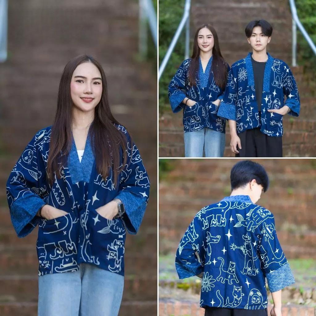 Chest 52" - Indigo Cotton Kimono Jacket | Unisex Yukata Cardigan | Handmade Batik Robe | Japanese Style Haori