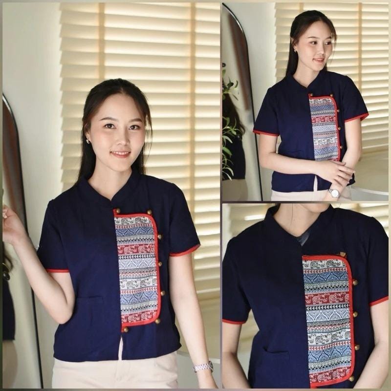 Thai Lanna Blouse - Thai Traditional Cotton Top - Thai Shirt - Cotton Shirt -Chest 36-42"”