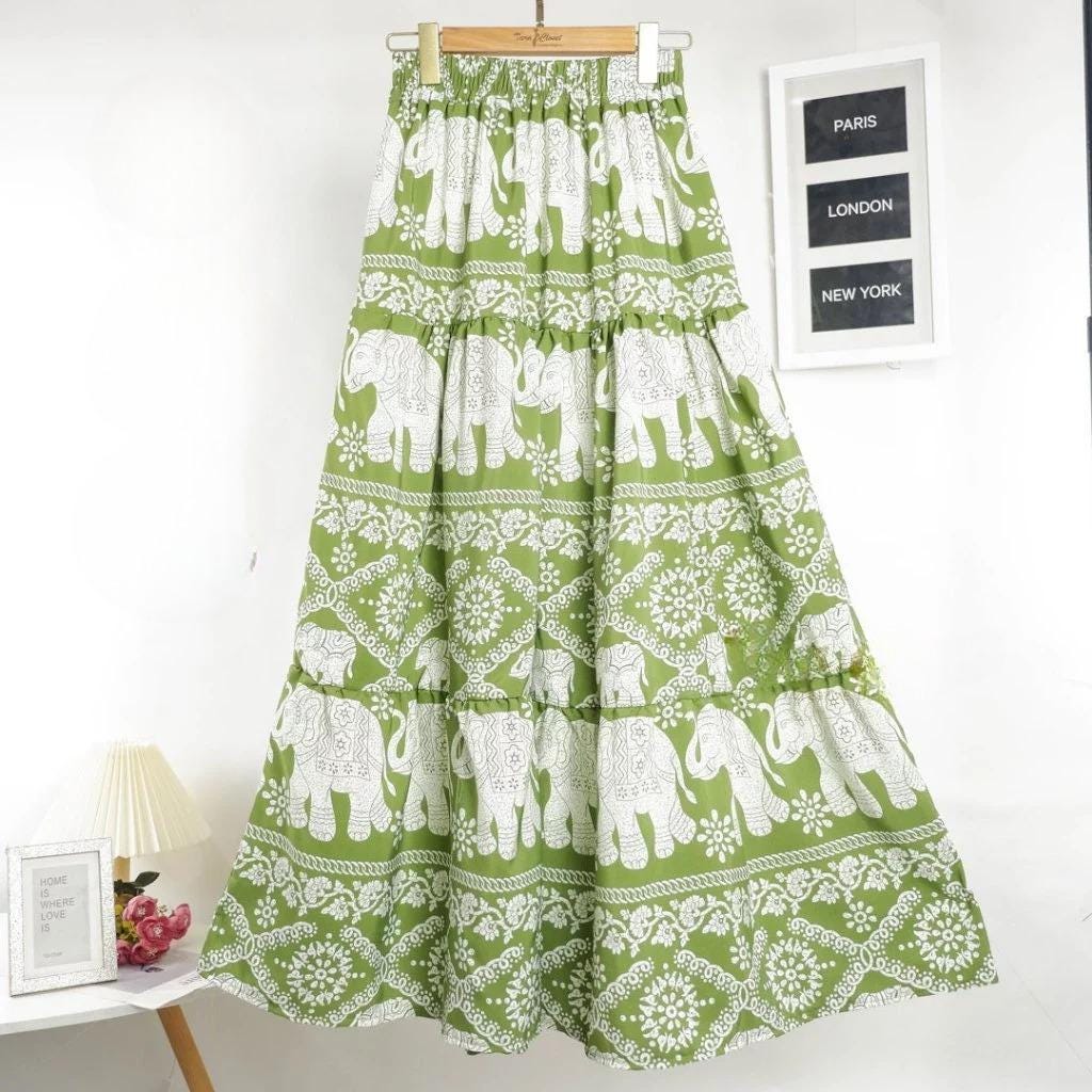 Long Elephant Skirt, High Waisted Tiered Maxi Skirt, Thai Elephant Pants Skirt, Boho Summer Festival Skirt, Smocked Waist Italian Silk
