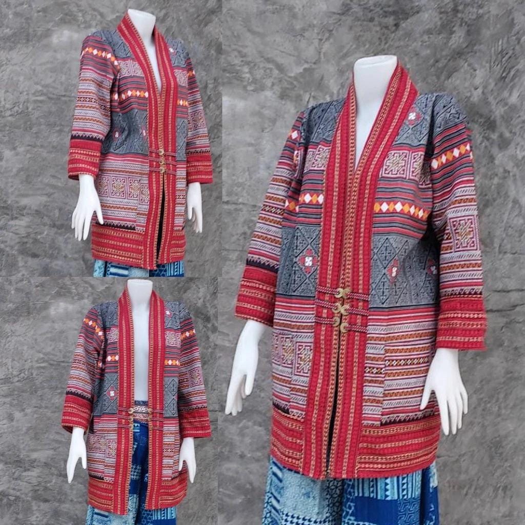 Thai Lanna Cotton Indigo Yukata Kimono Jacket – Soft & Breathable | Unisex Haori with Pockets | Handmade Thai Fabric - Chest 44"