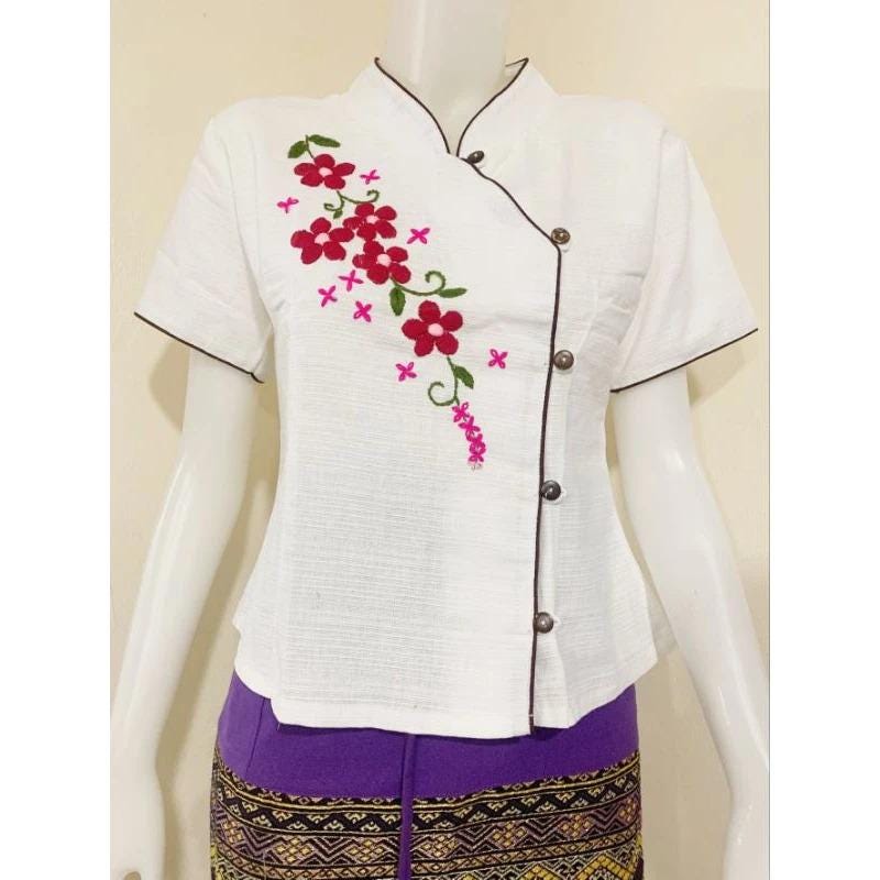 Thai Lanna Blouse - Thai Traditional Cotton Top - Thai Shirt - Cotton Shirt -Chest 36"-42"