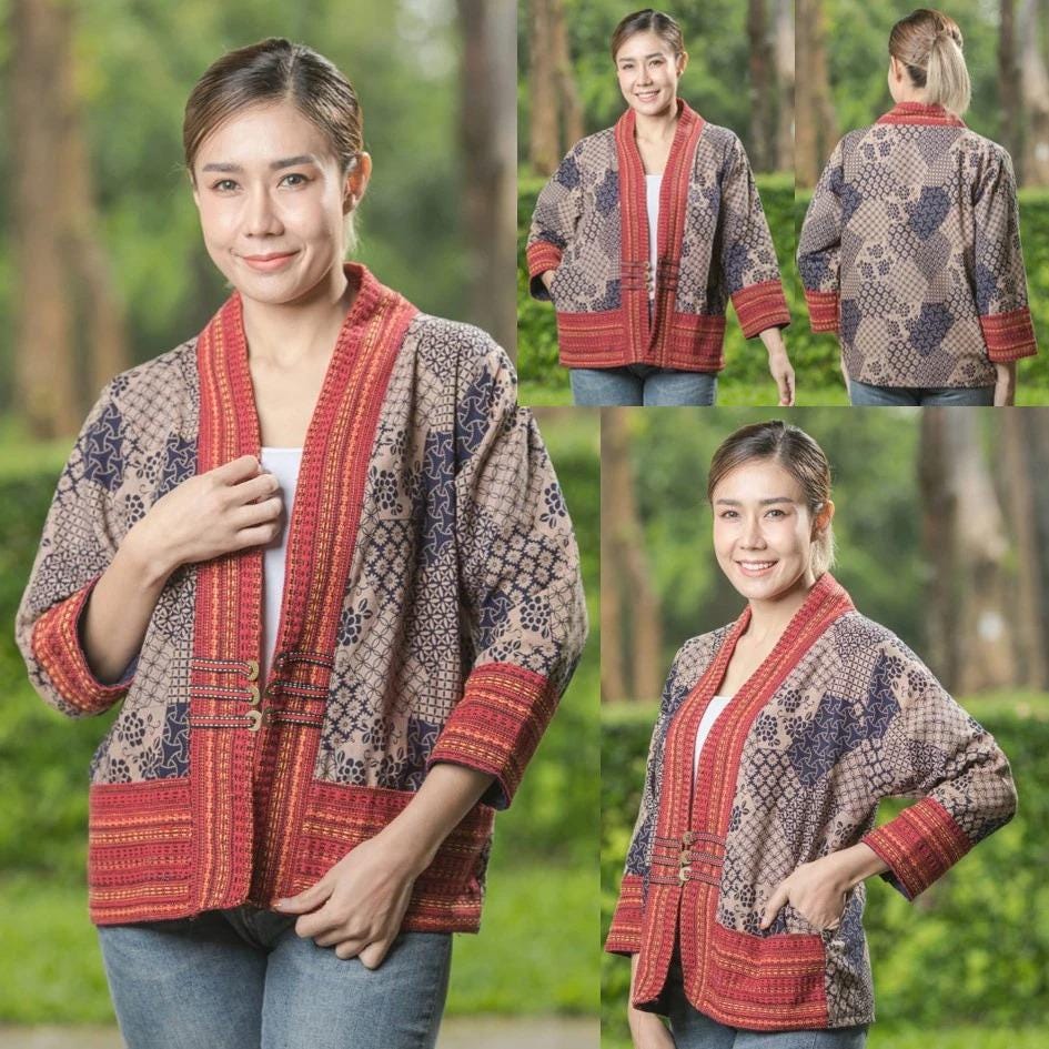 Thai Lanna Blouse - Thai Traditional Cotton Top - Crop Jacket - Cotton Shirt - Chest 44"