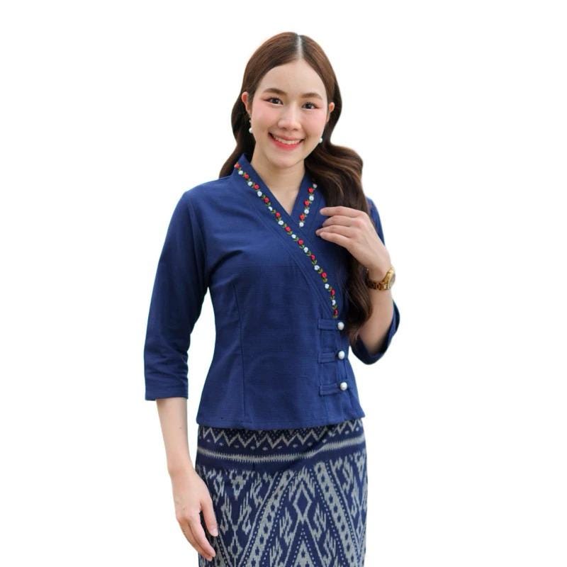 Thai Lanna Blouse - Thai Traditional Cotton Top - Thai Shirt - Cotton Shirt -Chest 34-42"