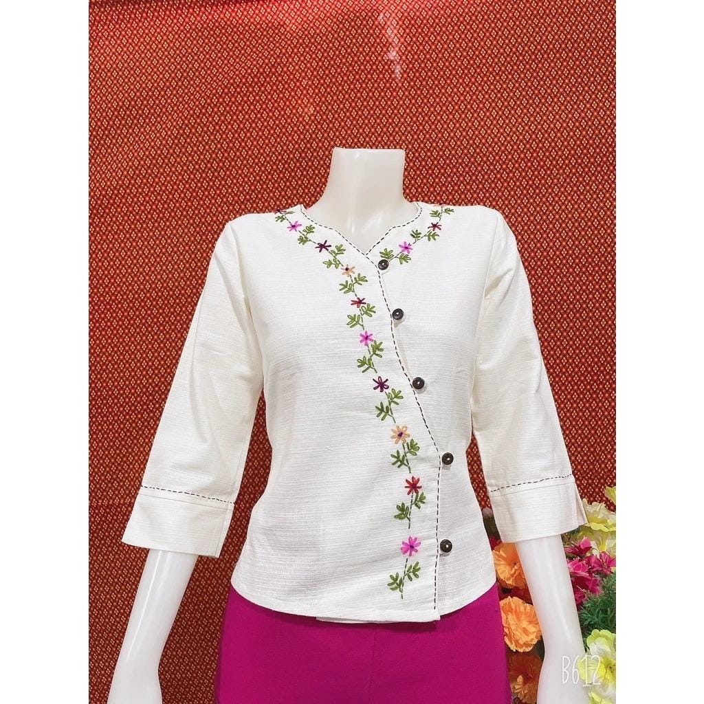 Thai Lanna Blouse - Thai Traditional Cotton Top - Thai Shirt - Cotton Shirt -Chest 36"-42"