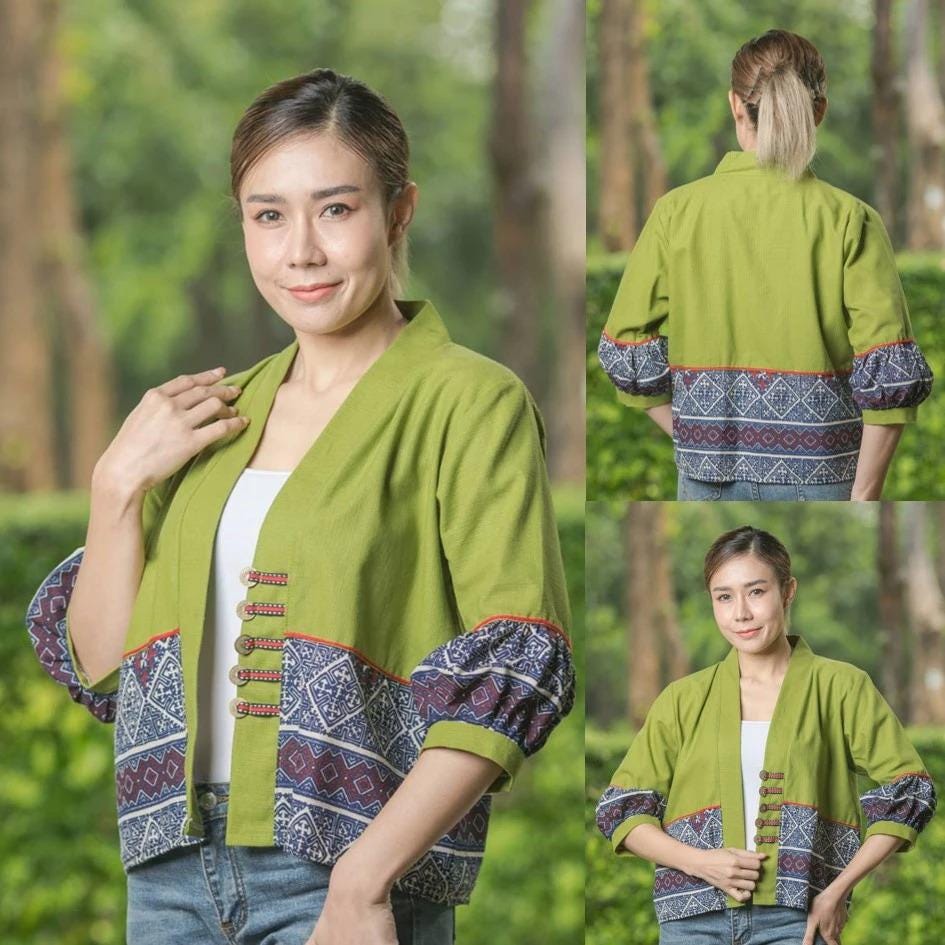 Thai Cotton Kimono Jacket – Traditional Print, Lightweight & Comfortable, Affordable, Boho Outerwear, One Size 44" Bust