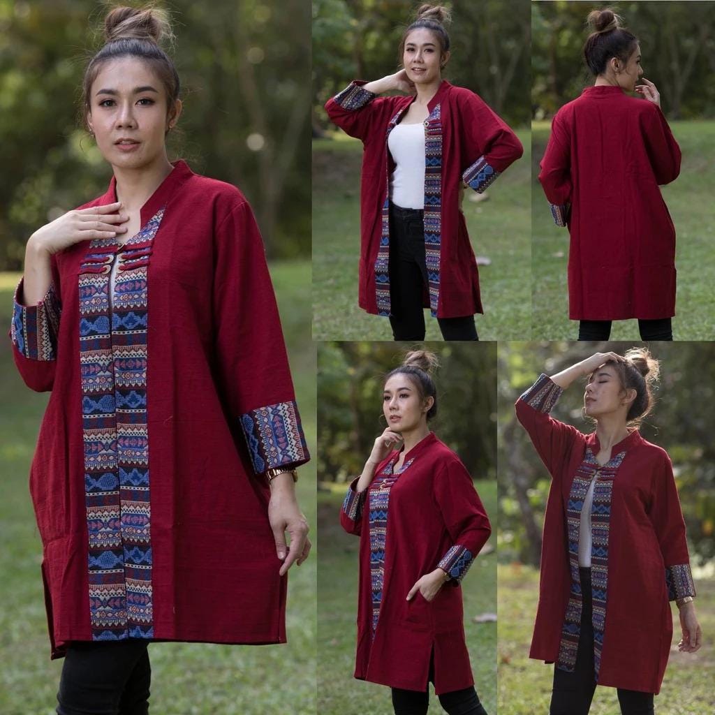 Thai Lanna Blouse - Thai Traditional Cotton Top - Long Jacket - Cotton Shirt - Chest 46"