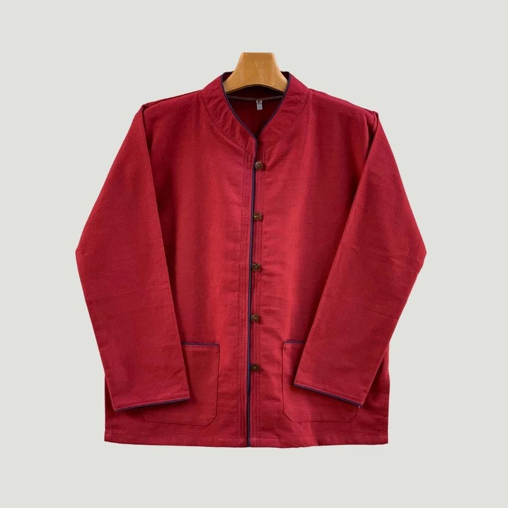 Chest 42"-50" - Men’s Lanna Cotton Shirt – Thai Style Mandarin Collar Shirt | Traditional Northern Thailand Fashion | Available Ten Colors