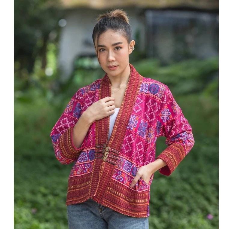 Thai Lanna Blouse - Thai Traditional Cotton Top - Crop Jacket - Cotton Shirt - Chest 44"