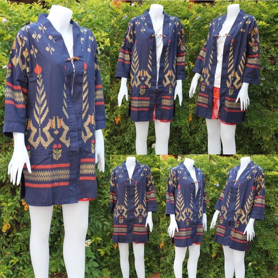 Thai Lanna Blouse - Thai Traditional Cotton Top - Long Jacket - Cotton Shirt - Chest 44"