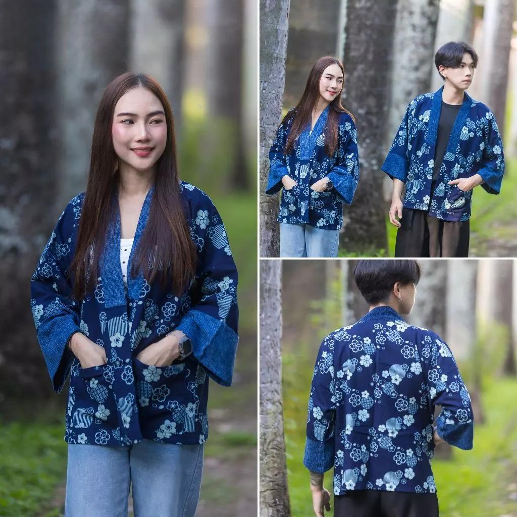 Chest 52" - Indigo Cotton Kimono Jacket | Unisex Yukata Cardigan | Handmade Batik Robe | Japanese Style Haori