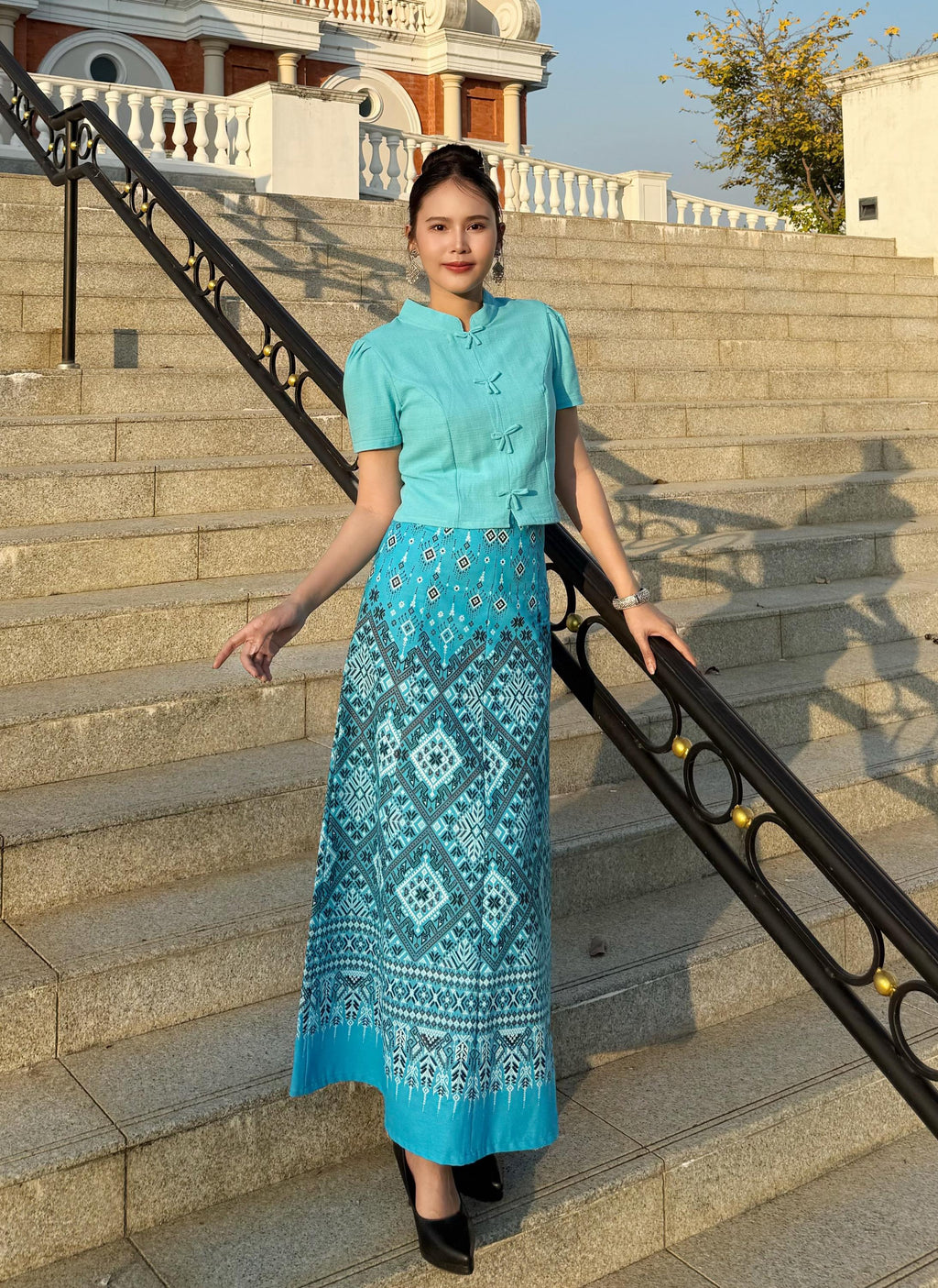 Bust 34"-40" - Traditional Thai Lanna Dress – Handmade Cotton Top & Ethnic Pattern Skirt Set