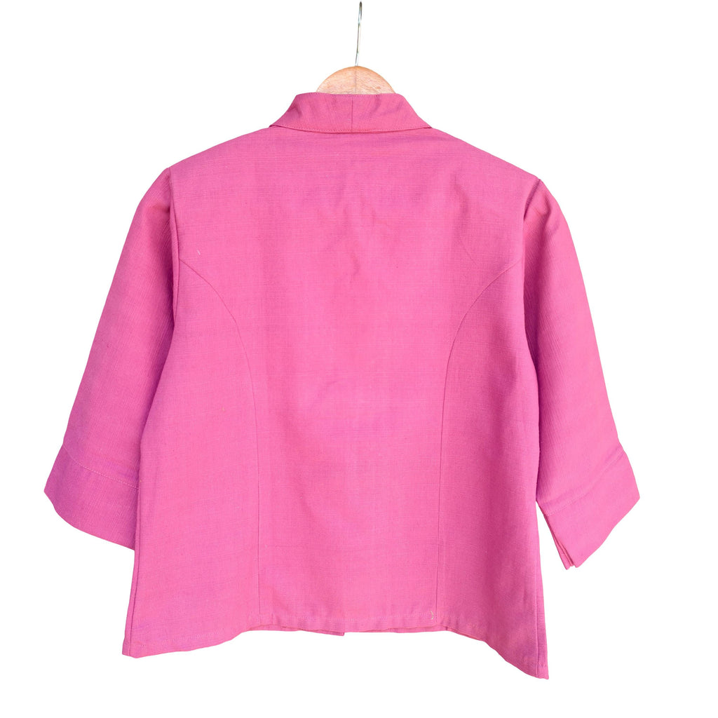 Chest 36"- 44" - Elegant Pink Embroidered Cotton Blouse | Floral Button-Down Shirt | Traditional Thai Style Top | 3/4 Sleeve Boho