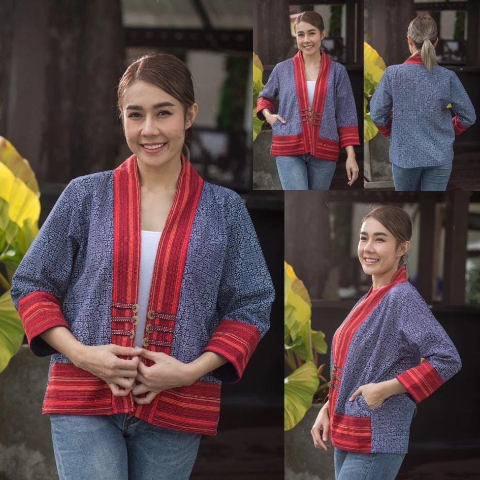 Thai Lanna Blouse - Thai Traditional Cotton Top - Crop Jacket - Cotton Shirt - Chest 44"