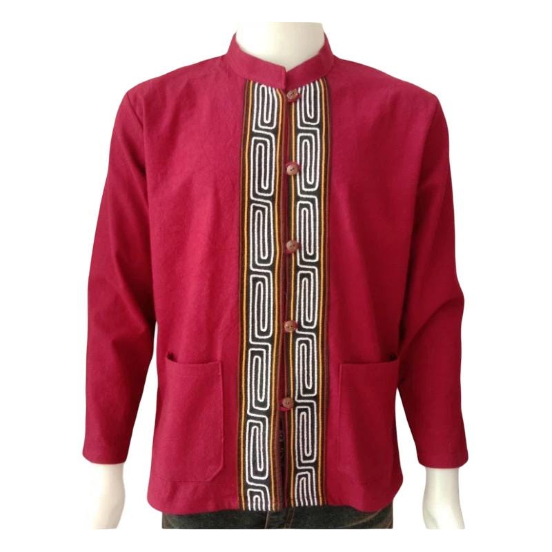 Chest 44"-48" - Men’s Lanna Cotton Shirt – Thai Style Mandarin Collar Shirt | Traditional Northern Thailand Fashion |