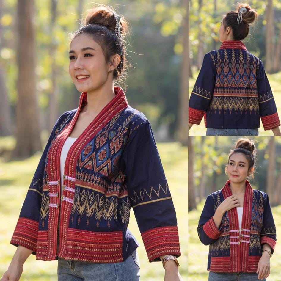 Thai Lanna Blouse - Thai Traditional Cotton Top - Crop Jacket - Cotton Shirt - Chest 44"