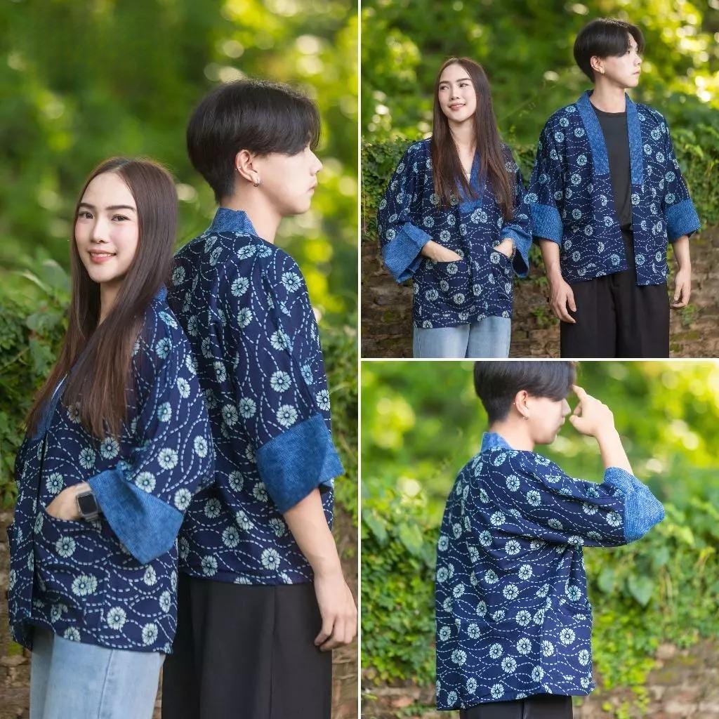 Chest 52" - Indigo Cotton Kimono Jacket | Unisex Yukata Cardigan | Handmade Batik Robe | Japanese Style Haori