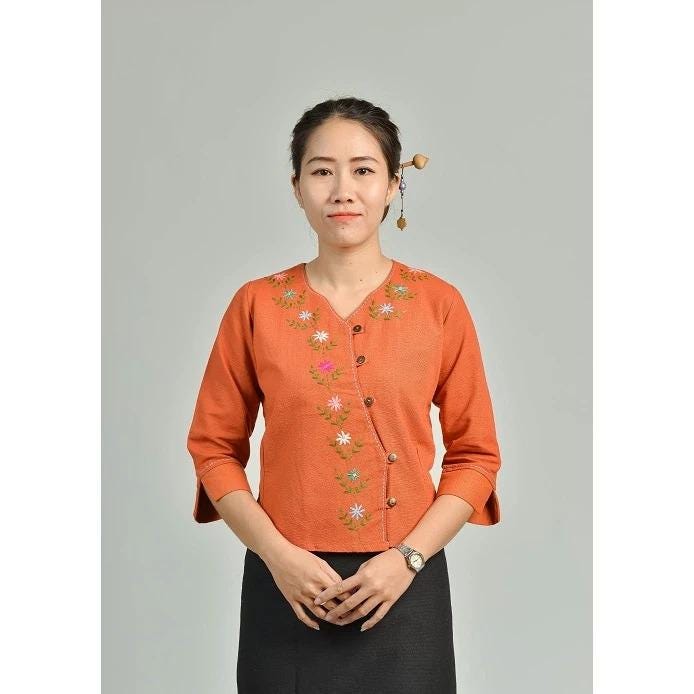 Thai Lanna Blouse - Thai Traditional Cotton Top - Thai Shirt - Cotton Shirt -Chest 36"-42"