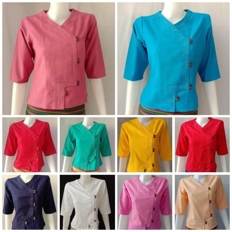 Thai Lanna Blouse - Thai Traditional Cotton Top - Thai Shirt - Cotton Shirt -Chest 36"-44"
