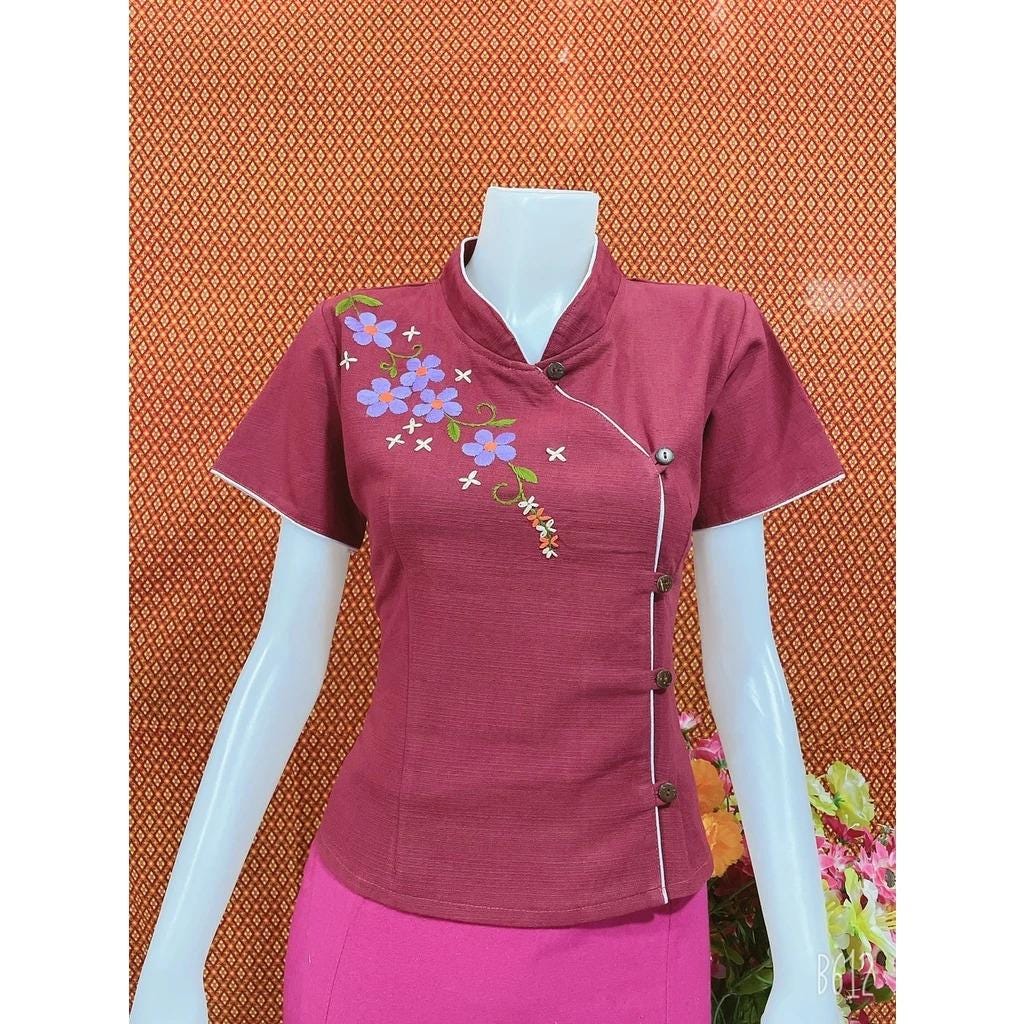 Thai Lanna Blouse - Thai Traditional Cotton Top - Thai Shirt - Cotton Shirt -Chest 36"-42"