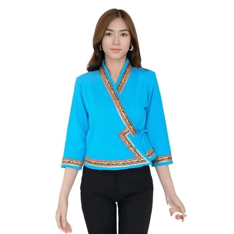 Thai Lanna Blouse - Thai Traditional Cotton Top - Thai Shirt - Cotton Shirt -Chest 34"-42"