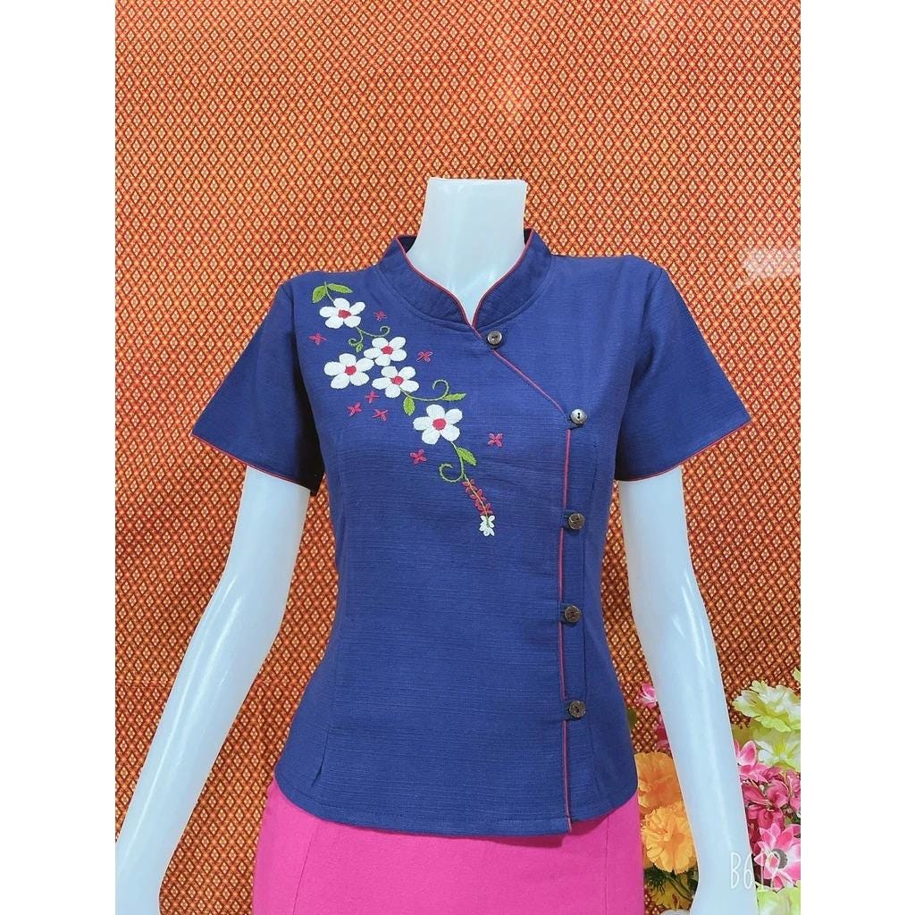 Thai Lanna Blouse - Thai Traditional Cotton Top - Thai Shirt - Cotton Shirt -Chest 36"-42"