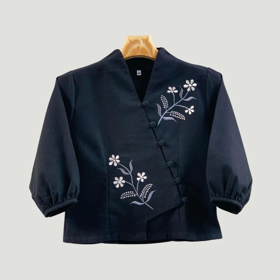 Bust 36"-44" - Embroidered Floral Cotton V-Neck Blouse | Soft Natural Fabric | 9 Colors
