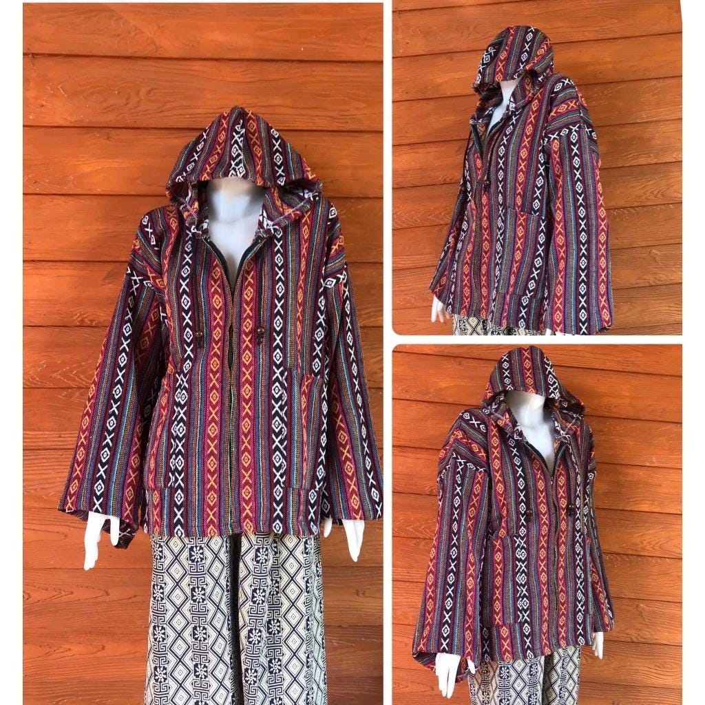 Chest 48" - Handwoven Naka Hooded Jacket – Warm Ethnic Cotton Coat | Free Size Boho Winter Hoodie with Front Zip & Pockets