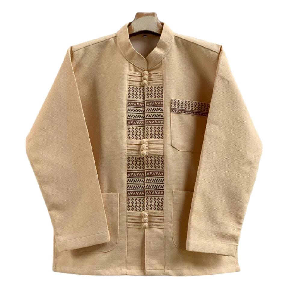 Premium Thai Cotton Men's Shirt, Chiang Mai Chinmai Fabric Mandarin Collar Jacket, Long Sleeve Traditional Embroidered Boho Festival Top