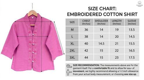 Chest 36"- 44" - Elegant Pink Embroidered Cotton Blouse | Floral Button-Down Shirt | Traditional Thai Style Top | 3/4 Sleeve Boho
