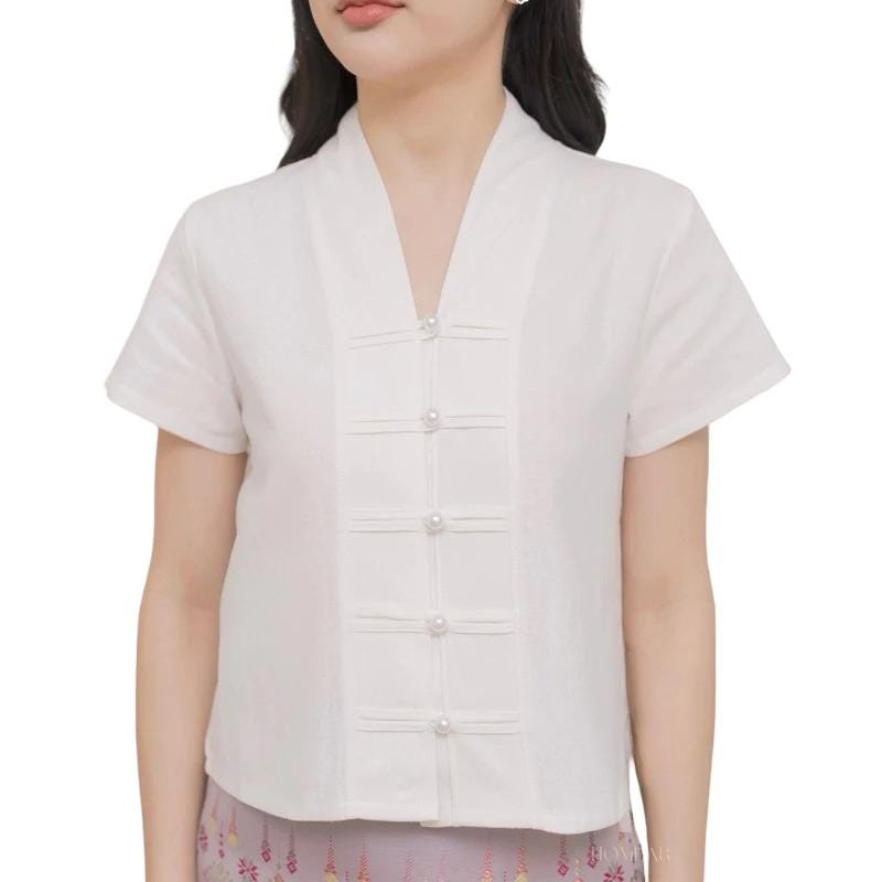 Chest 34"-42" - Thai Lanna Blouse - Thai Traditional Cotton Top - Thai Shirt - Cotton Shirt - Thai Vintage Blouse