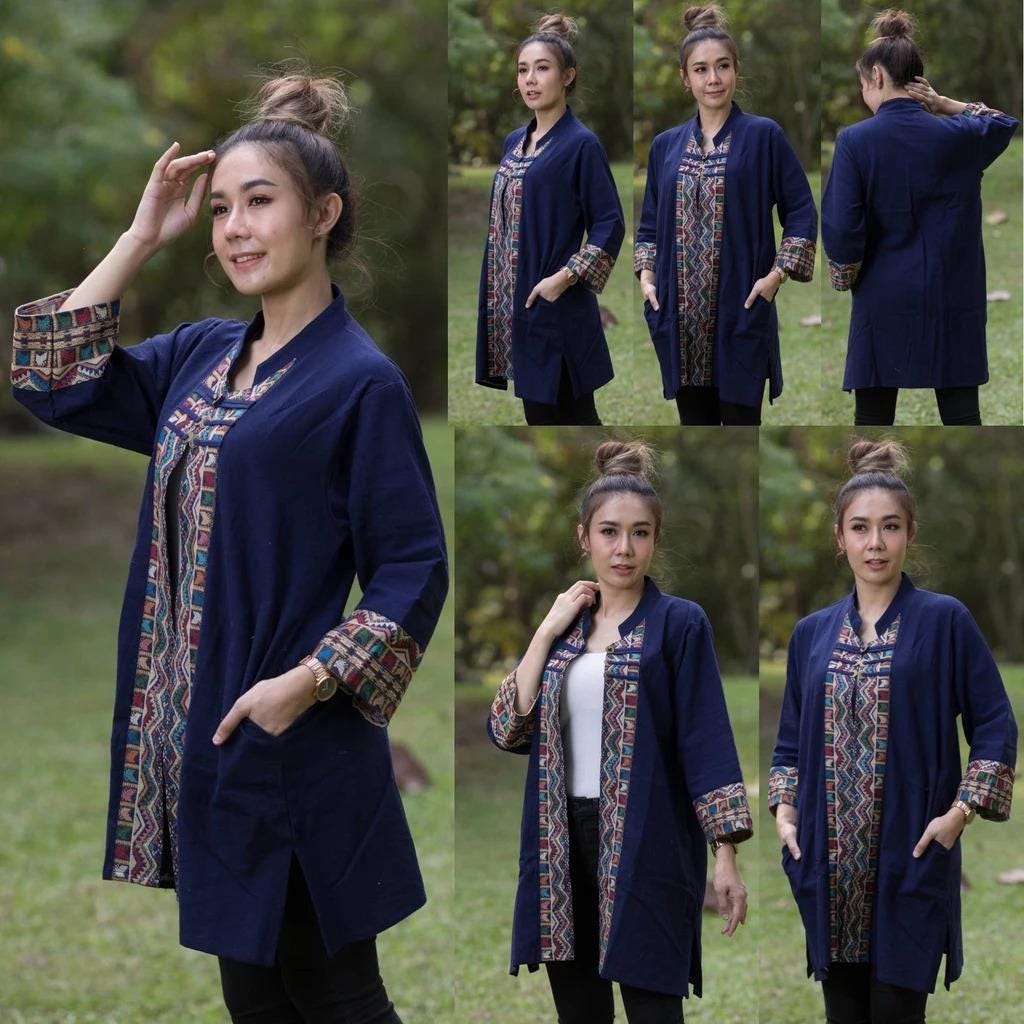 Thai Lanna Blouse - Thai Traditional Cotton Top - Long Jacket - Cotton Shirt - Chest 46"