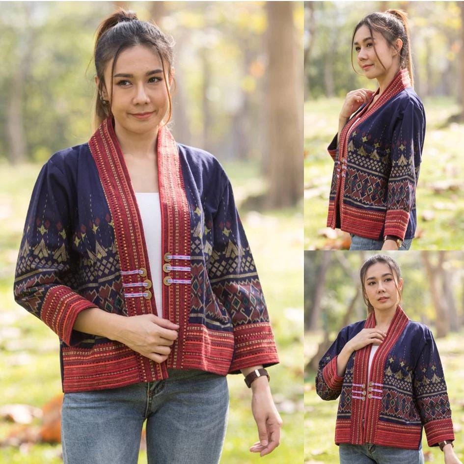 Thai Lanna Blouse - Thai Traditional Cotton Top - Crop Jacket - Cotton Shirt - Chest 44"