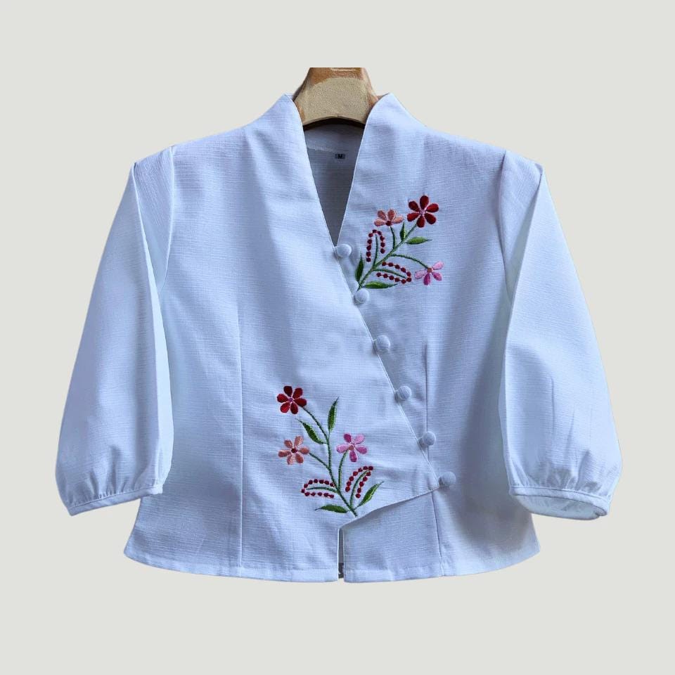 Bust 36"-44" - Embroidered Floral Cotton V-Neck Blouse | Soft Natural Fabric | 9 Colors