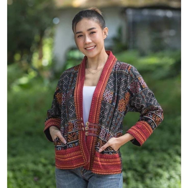 Thai Lanna Blouse - Thai Traditional Cotton Top - Crop Jacket - Cotton Shirt - Chest 44"