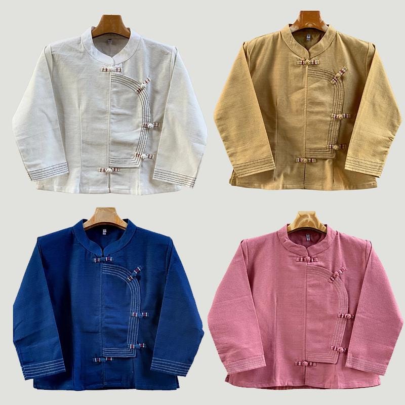 Thai Lanna Blouse - Thai Traditional Cotton Top - Thai Shirt - Cotton Shirt -Chest 36"-44" - Available Nine Colors
