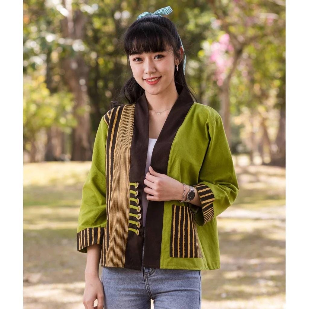 Thai Lanna Cotton Indigo Yukata Kimono Jacket – Soft & Breathable | Unisex Haori with Pockets | Handmade Thai Fabric - Chest 44"
