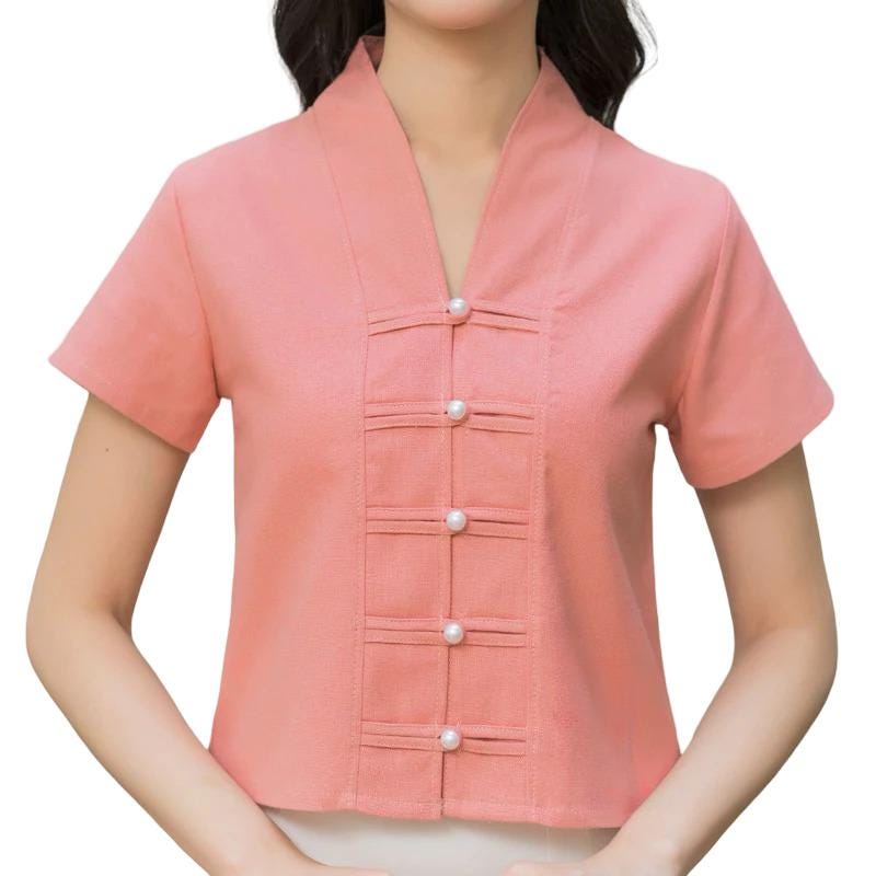 Chest 34"-42" - Thai Lanna Blouse - Thai Traditional Cotton Top - Thai Shirt - Cotton Shirt - Thai Vintage Blouse