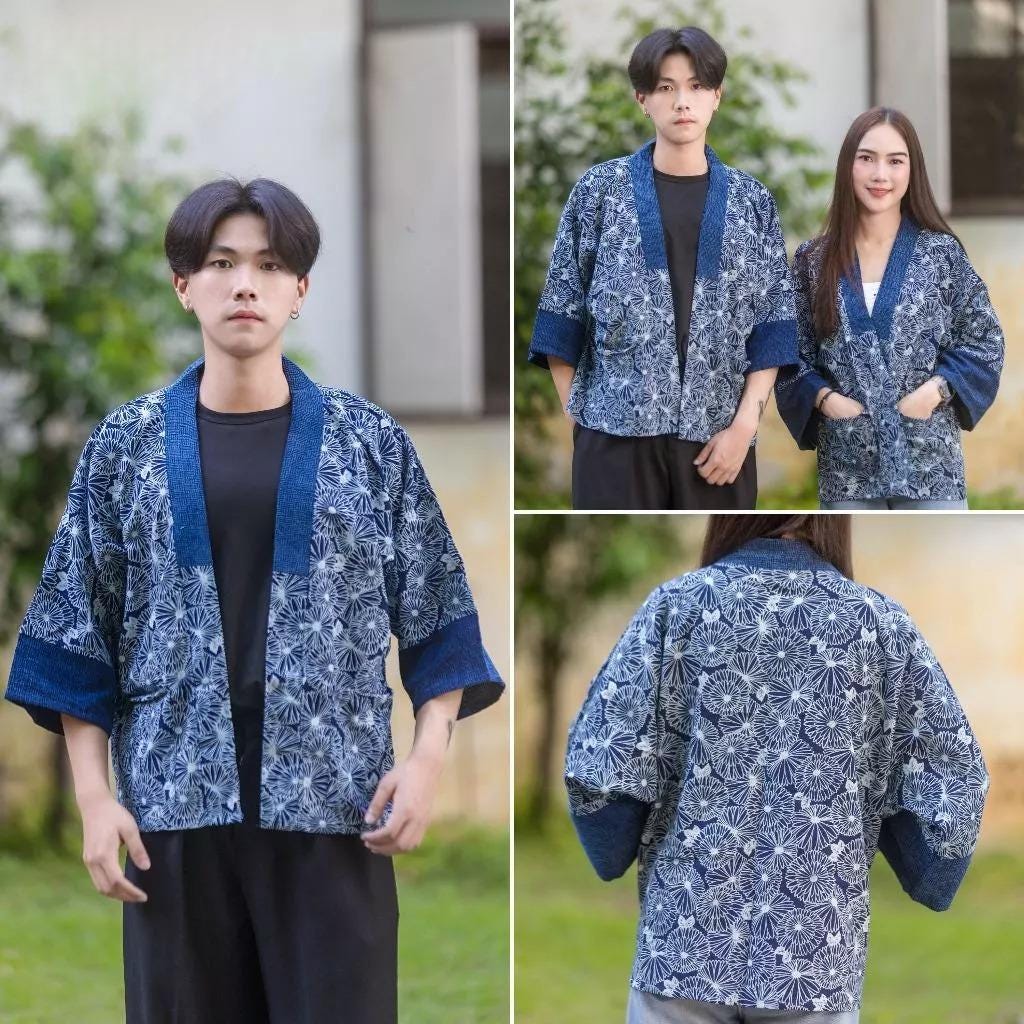 Chest 52" - Indigo Cotton Kimono Jacket | Unisex Yukata Cardigan | Handmade Batik Robe | Japanese Style Haori